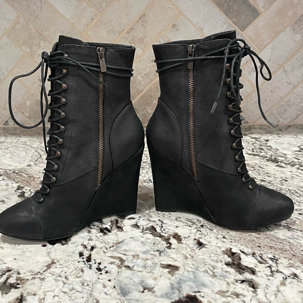Joie Black Leather Lace Up Wedge Ankle Boots‎ Side Zip Almond Toe Size 37 - Picture 11 of 11